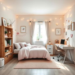 A cozy girl's room featuring a semi-double bed adorned with pretty pastel-colored bedding