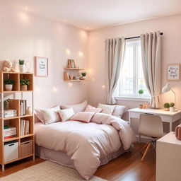 A cozy girl's room featuring a semi-double bed adorned with pretty pastel-colored bedding