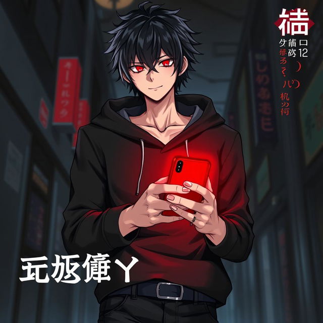 A captivating light novel cover featuring a tall male character with shaggy glossy black hair and striking crimson glimmering eyes