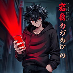 A captivating light novel cover featuring a tall male character with shaggy glossy black hair and striking crimson glimmering eyes