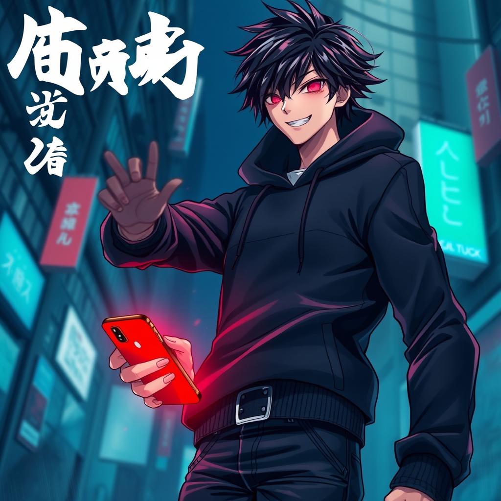 A captivating light novel cover featuring a tall male character with shaggy glossy black hair and striking crimson glimmering eyes