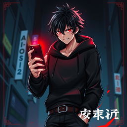 A captivating light novel cover featuring a tall male character with shaggy glossy black hair and striking crimson glimmering eyes