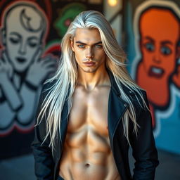 A striking male in his 20s with long, flowing white hair and captivating blue eyes