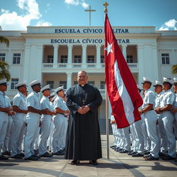 A scene depicting a military academy with young cadets dressed in immaculate white uniforms, diligently helping to hold the Cuban flag