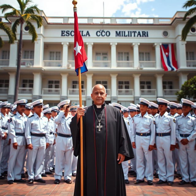 A scene depicting a military academy with young cadets dressed in immaculate white uniforms, diligently helping to hold the Cuban flag