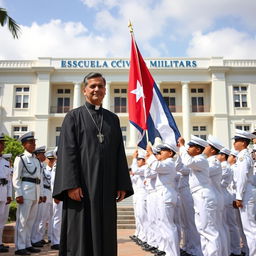A scene depicting a military academy with young cadets dressed in immaculate white uniforms, diligently helping to hold the Cuban flag