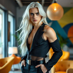 A feminized male in his 20s with long, flowing white hair and captivating blue eyes
