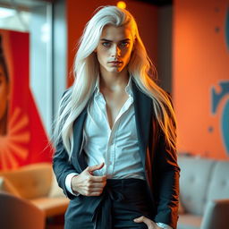A feminized male in his 20s with long, flowing white hair and captivating blue eyes