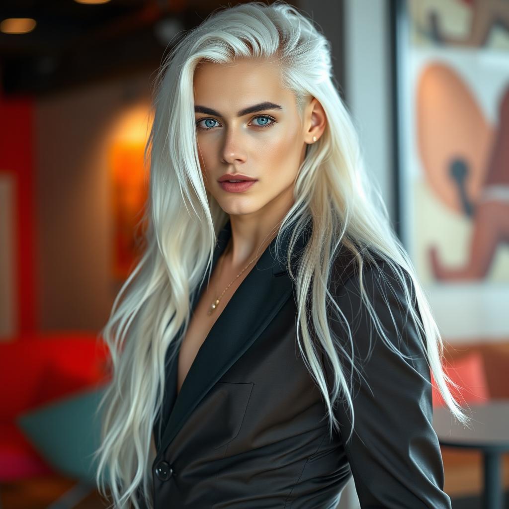 A feminized male in his 20s with long, flowing white hair and captivating blue eyes