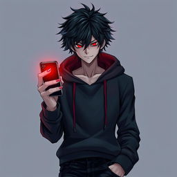 A striking light novel cover featuring a tall male character with shaggy, glossy black hair and captivating crimson glimmering eyes