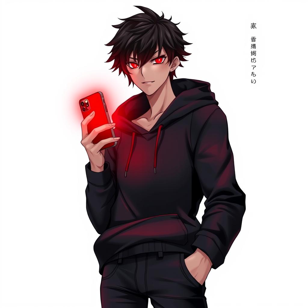 A striking light novel cover featuring a tall male character with shaggy, glossy black hair and captivating crimson glimmering eyes