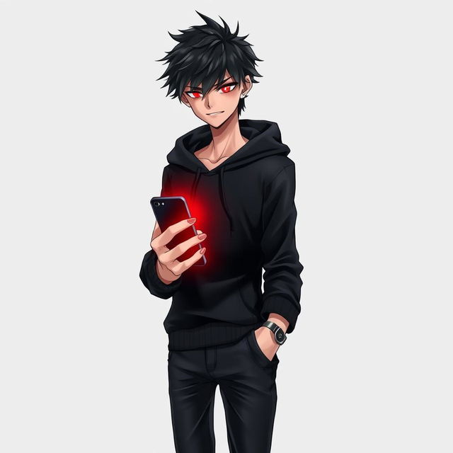 A striking light novel cover featuring a tall male character with shaggy, glossy black hair and captivating crimson glimmering eyes