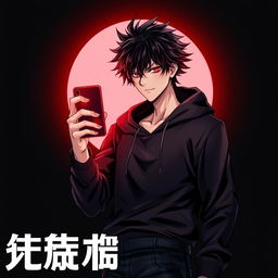 A striking light novel cover featuring a tall male character with shaggy, glossy black hair and captivating crimson glimmering eyes