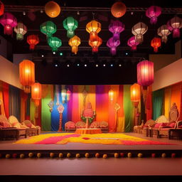 A traditional Indian stage decoration for a college cultural day celebration. The setting should showcase vibrant colors, Indian fabrics, lanterns, and cultural symbols. Design must look appealing yet fit within a modest budget.