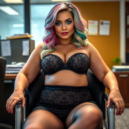 A sexy, beautiful, curvy girl with a thin face, showcasing medium length wavy rainbow colored hair