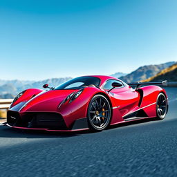 A stunning photograph of a Pagani hypercar, showcasing its sleek and curvaceous bodywork in vibrant colors