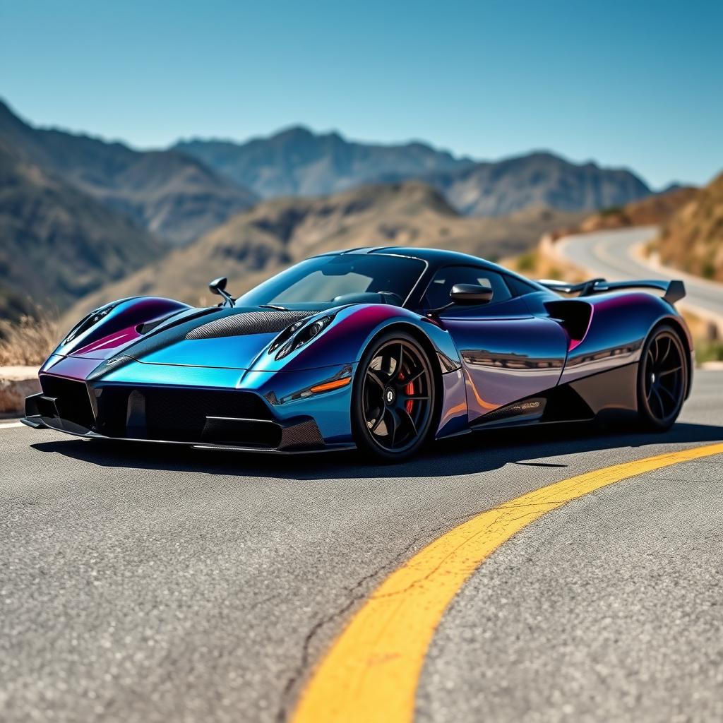 A stunning photograph of a Pagani hypercar, showcasing its sleek and curvaceous bodywork in vibrant colors