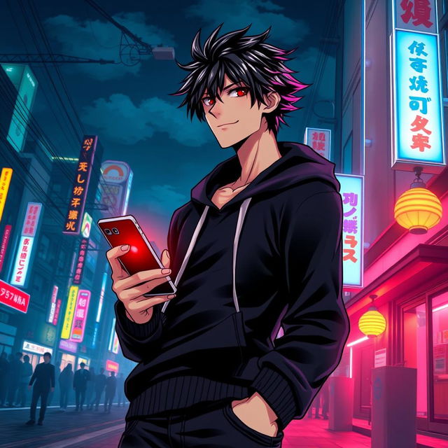 A tall male character with shaggy glossy black hair and striking crimson glimmering eyes, dressed in a stylish black hoodie and black jeans