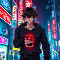 A tall male character with shaggy glossy black hair and striking crimson glimmering eyes, dressed in a stylish black hoodie and black jeans