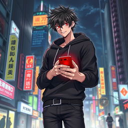 A tall male character with shaggy glossy black hair and striking crimson glimmering eyes, dressed in a stylish black hoodie and black jeans