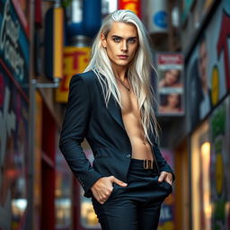 A full-body portrait of a feminized male in his 20s, featuring long, flowing white hair and striking blue eyes