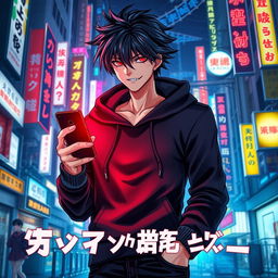 A tall male character with shaggy glossy black hair and striking crimson glimmering eyes, dressed in a stylish black hoodie and black jeans