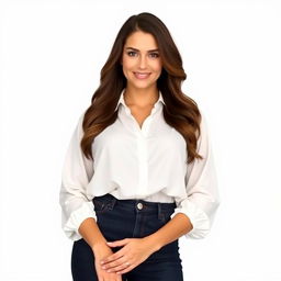 A beautiful woman named Julia Verity with very large breasts, wearing a neat and elegantly casual loose-fitting white blouse