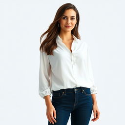 A beautiful woman named Julia Verity with very large breasts, wearing a neat and elegantly casual loose-fitting white blouse