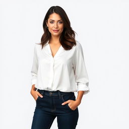 A beautiful woman named Julia Verity with very large breasts, wearing a neat and elegantly casual loose-fitting white blouse
