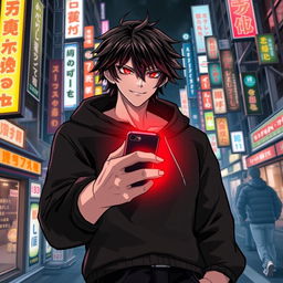 A tall male character with shaggy glossy black hair and striking crimson glimmering eyes, dressed in a black hoodie and black jeans