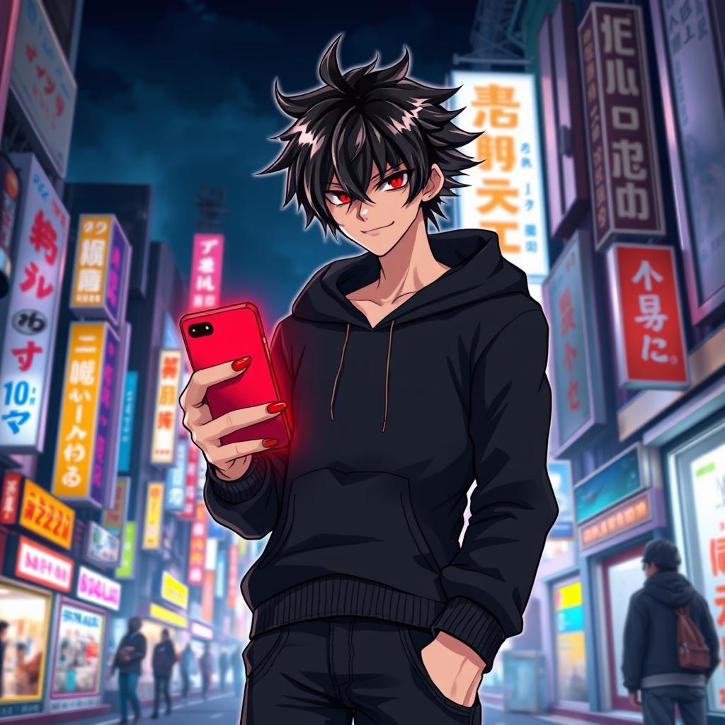 A tall male character with shaggy glossy black hair and striking crimson glimmering eyes, dressed in a black hoodie and black jeans