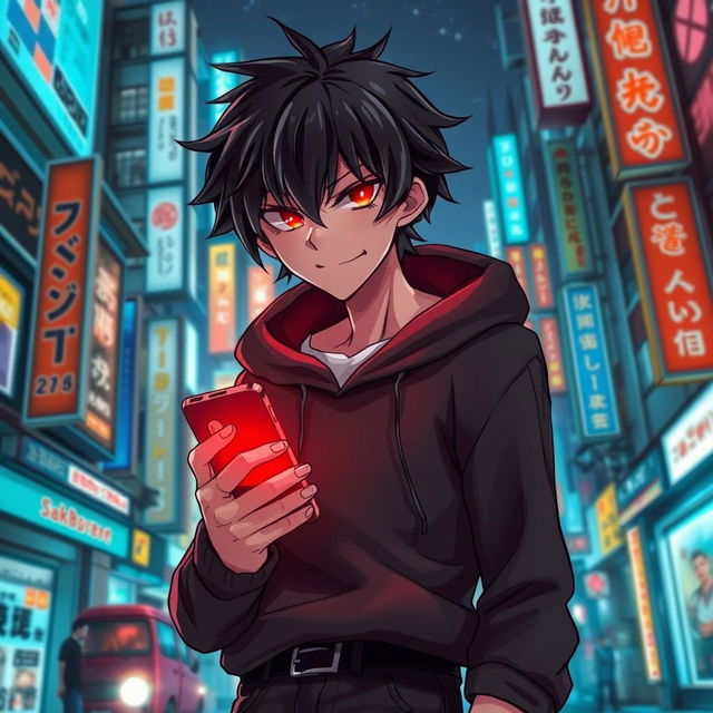 A tall male character with shaggy glossy black hair and striking crimson glimmering eyes, dressed in a black hoodie and black jeans