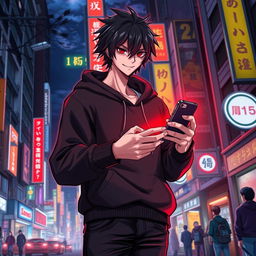 A tall male character with shaggy glossy black hair and striking crimson glimmering eyes, dressed in a black hoodie and black jeans