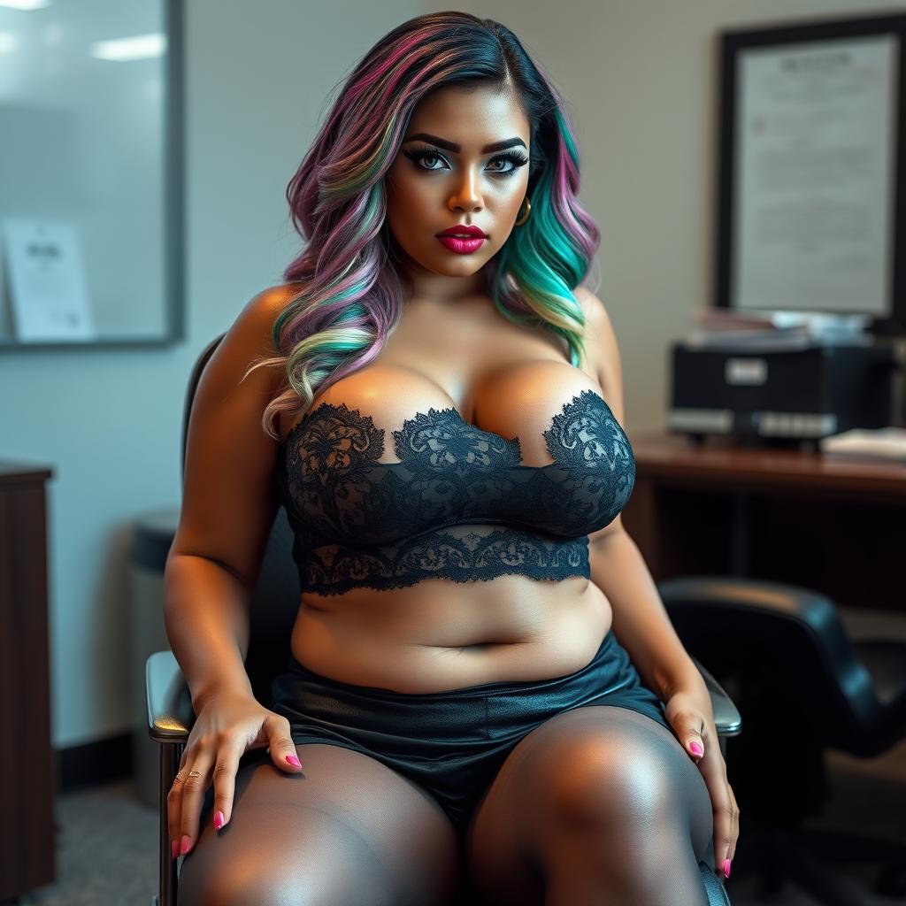 A sexy, beautiful, curvy girl with a thin face, showcasing medium length wavy rainbow colored hair