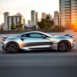 A sleek, modern sports car featuring a stunning design, painted in a dynamic silver and blue color scheme