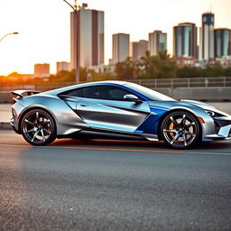 A sleek, modern sports car featuring a stunning design, painted in a dynamic silver and blue color scheme
