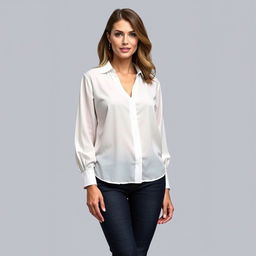 A beautiful woman named Julia Verity with very large breasts, wearing a neat and elegantly casual loose-fitting white blouse