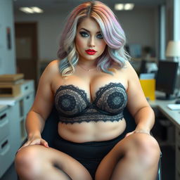A sexy, beautiful, curvy pale girl with a thin face, showcasing medium length wavy rainbow colored hair