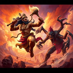 A dynamic scene depicting Hanuman, the mighty monkey god from Hindu mythology, courageously leaping into action to attack a fierce demon