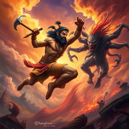 A dynamic scene depicting Hanuman, the mighty monkey god from Hindu mythology, courageously leaping into action to attack a fierce demon