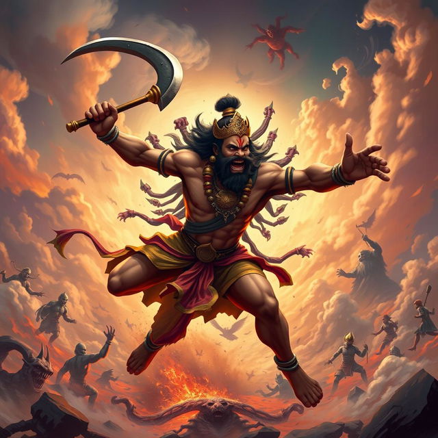 A dynamic scene depicting Hanuman, the mighty monkey god from Hindu mythology, courageously leaping into action to attack a fierce demon