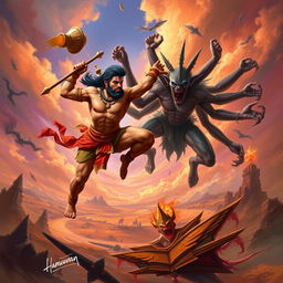 A dynamic scene depicting Hanuman, the mighty monkey god from Hindu mythology, courageously leaping into action to attack a fierce demon