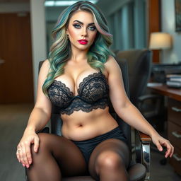 A photograph taken from the other side of the room featuring a sexy, beautiful, curvy pale girl with a thin face