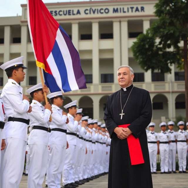 A scene at the Unified Youth Military Academy, featuring young cadets dressed in crisp white uniforms, standing proudly as they assist in holding the Cuban flag