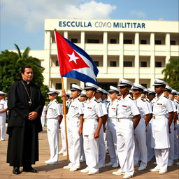 A scene at the Unified Youth Military Academy, featuring young cadets dressed in crisp white uniforms, standing proudly as they assist in holding the Cuban flag