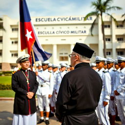 A scene at the Unified Youth Military Academy, featuring young cadets dressed in crisp white uniforms, standing proudly as they assist in holding the Cuban flag