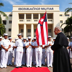 A scene at the Unified Youth Military Academy, featuring young cadets dressed in crisp white uniforms, standing proudly as they assist in holding the Cuban flag