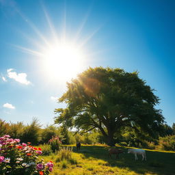 A vivid depiction of the intense heat from a bright sun burning fiercely in the sky, radiating rays of light that create a shimmering effect on the ground