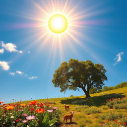 A vivid depiction of the intense heat from a bright sun burning fiercely in the sky, radiating rays of light that create a shimmering effect on the ground