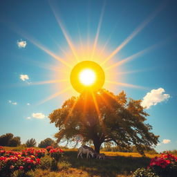A vivid depiction of the intense heat from a bright sun burning fiercely in the sky, radiating rays of light that create a shimmering effect on the ground